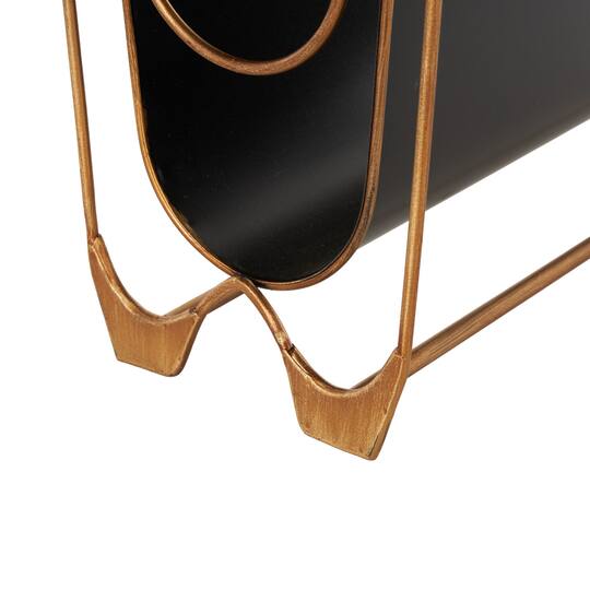 15" Black Metal Curved Magazine Holder with Brass Stand
